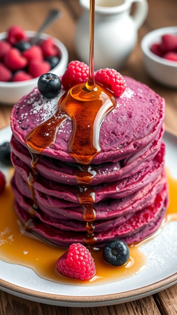 Purple Sweet Potato Pancakes Recipe A stack of purple sweet potato pancakes with syrup and berries on a wooden table.
